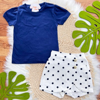 Conj. Blusa e Short Bolotinhas - Marinho e Off White